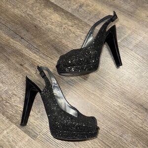 Vintage Stuart Weitzman Black Glitter Peep Toe Platform Slingback Heels Size 5.5